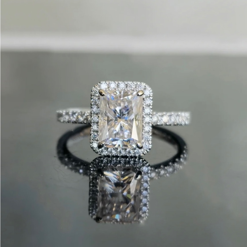 2ct radiant moissanite ring with halo 10k white gold